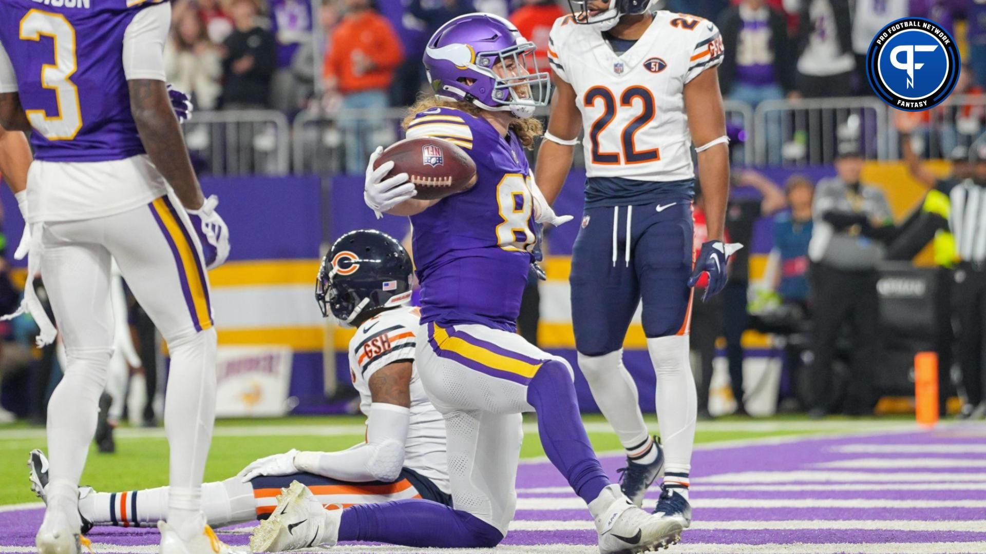 Minnesota Vikings tight end T.J. Hockenson (87) celebrates his touchdown against the Chicago Bears in the fourth quarter at U.S. Bank Stadium.