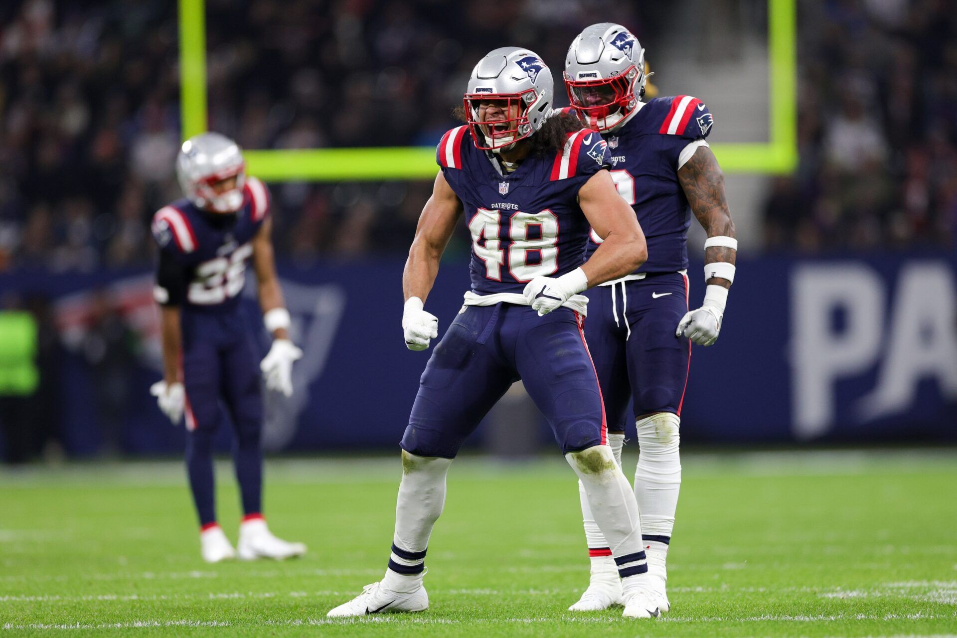 New England Patriots LB Jahlani Tavai (48) celebrates after a play against the Indianapolis Colts.