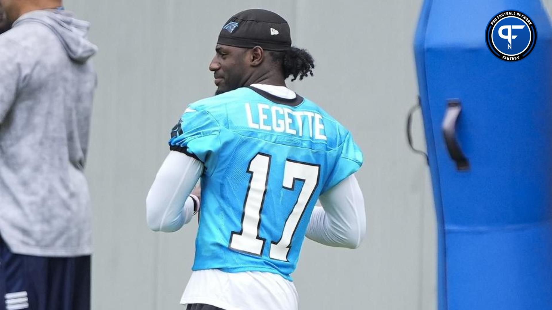 Carolina Panthers wide receiver Xavier Legette (17) throws during OTAs. Mandatory Credit: Jim Dedmon-USA TODAY Sports