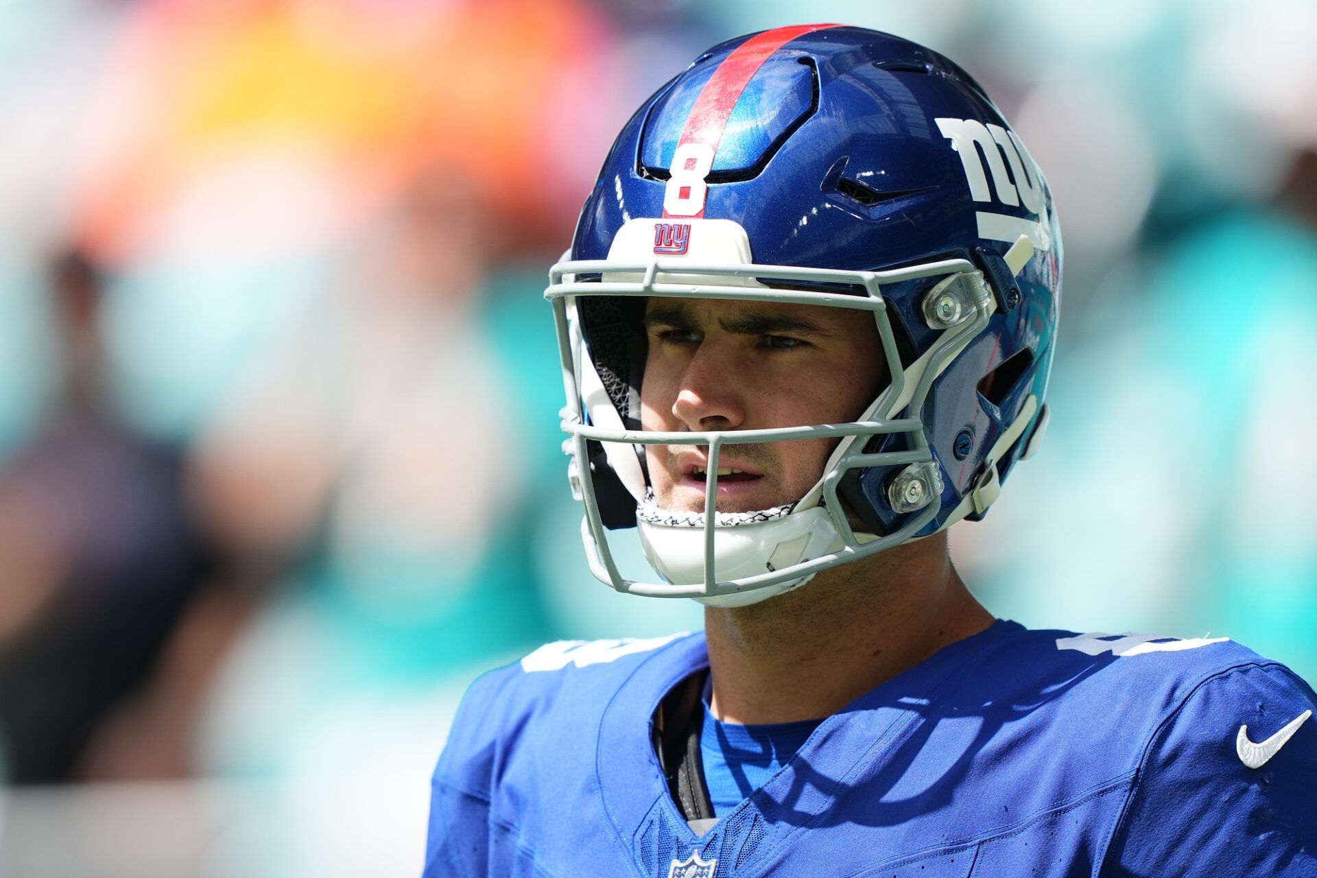 New York Giants quarterback Daniel Jones (8) walks onto the field prior to the game against the New York Giants at Hard Rock Stadium. Mandatory Credit: Jasen Vinlove-USA TODAY Sports