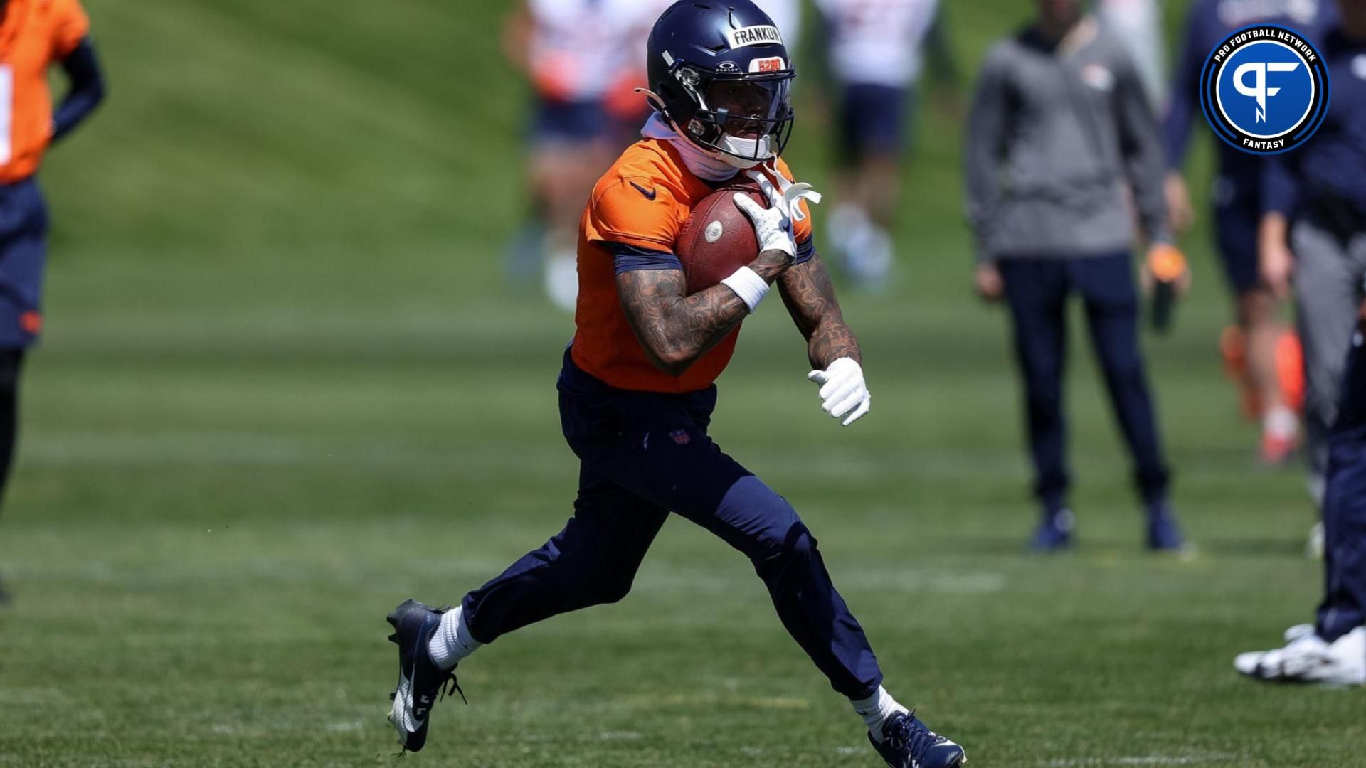 Denver Broncos wide receiver Troy Franklin (16) during organized team activities at Centura Health Training Center.