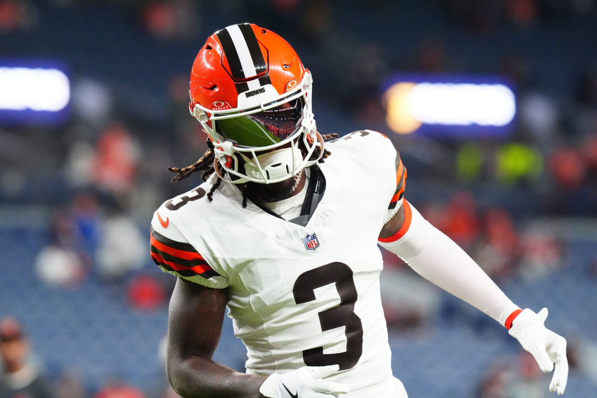 Dec 2, 2024; Denver, Colorado, USA; Cleveland Browns wide receiver Jerry Jeudy (3) before the game against the Denver Broncos at Empower Field at Mile High. Mandatory Credit: Ron Chenoy-Imagn Images