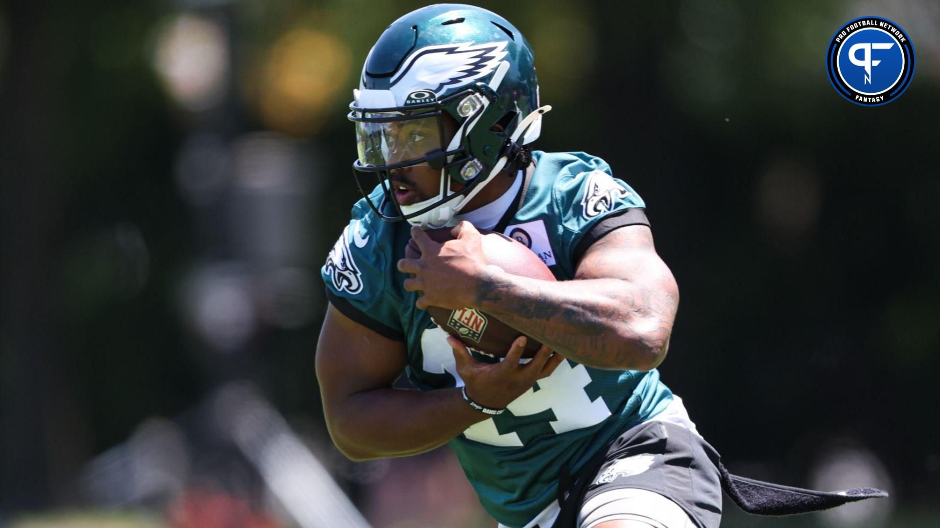 Philadelphia Eagles running back Kenneth Gainwell (14) runs with the ball during practice at NovaCare Complex.