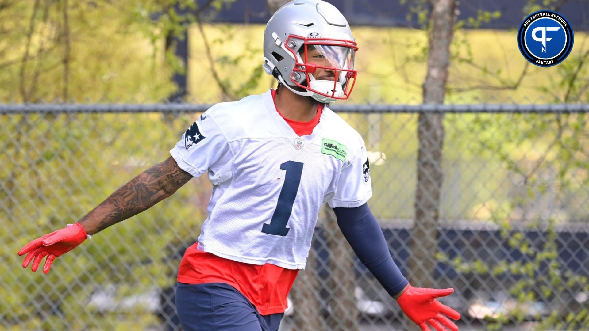 New England Patriots wide receiver Ja'Lynn Polk (1) arrives at practice at the New England Patriots rookie camp at Gillette Stadium.