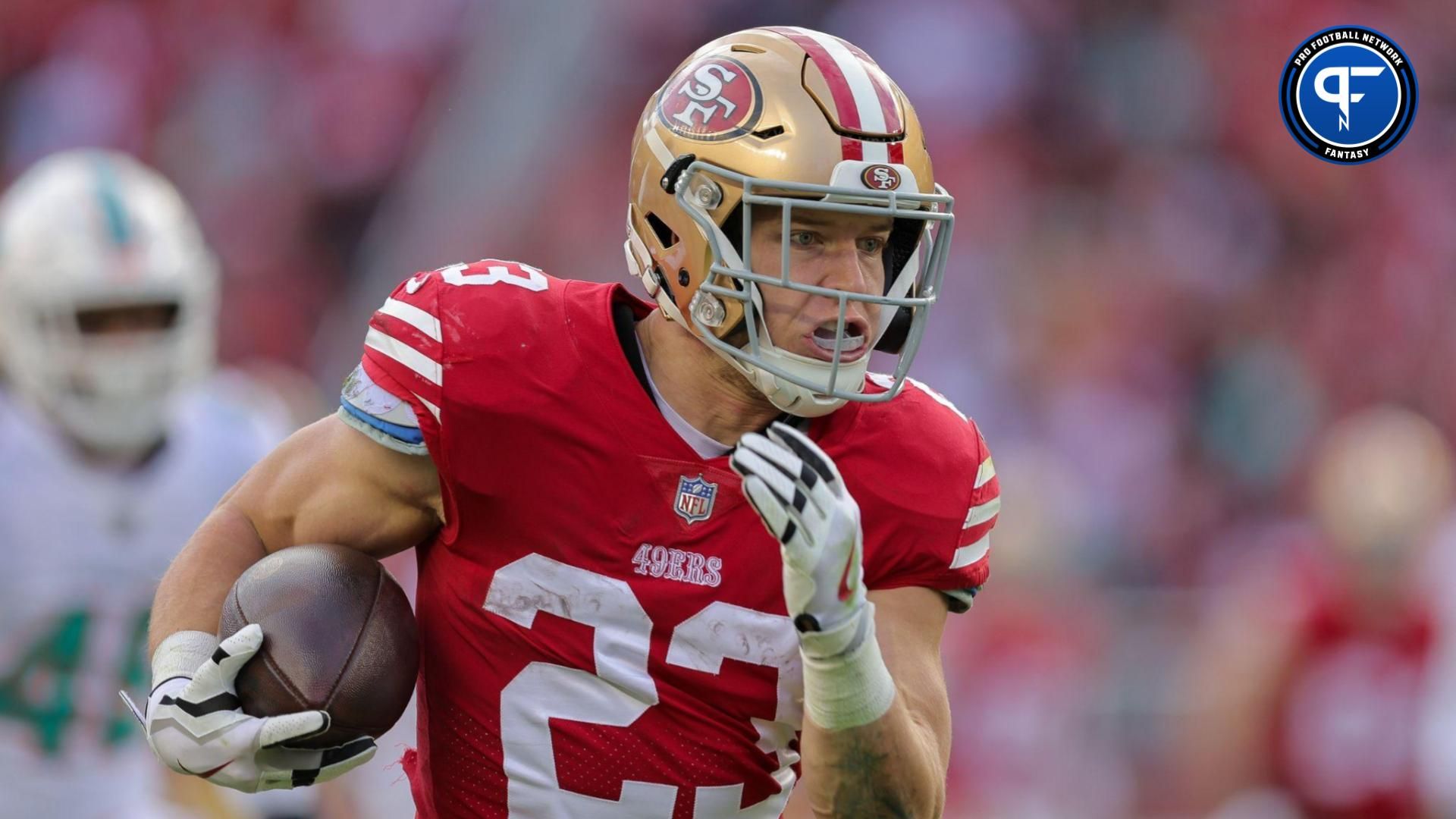 San Francisco 49ers RB Christian McCaffrey (23) remains at the top of fantasy RB rankings in 2024.