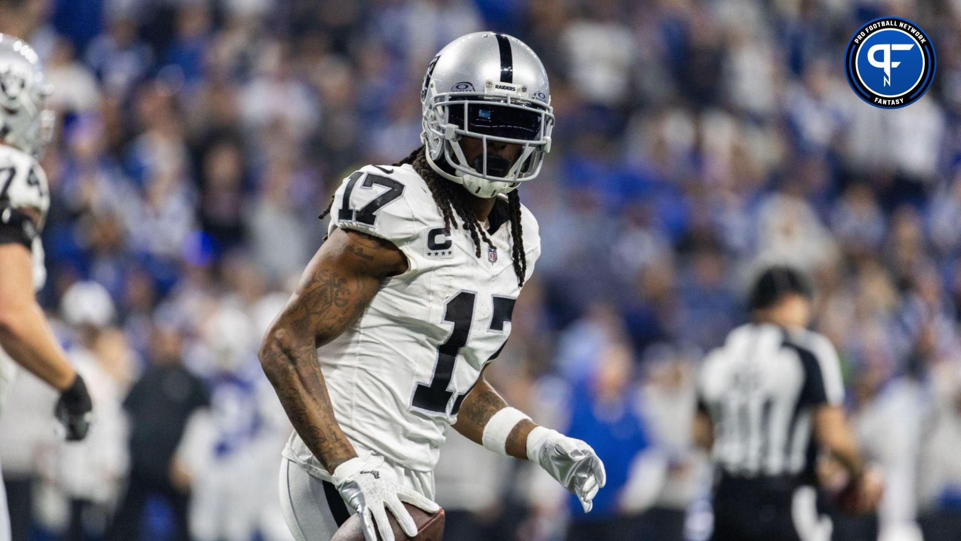 Las Vegas Raiders wide receiver Davante Adams (17) celebrates his touchdown in the second half against the Indianapolis Colts at Lucas Oil Stadium. Mandatory Credit: Trevor Ruszkowski-USA TODAY