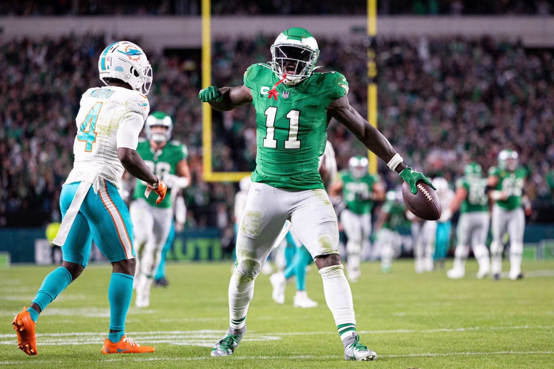 Philadelphia Eagles wide receiver A.J. Brown (11) reacts after a first down catch past Miami Dolphins cornerback Kader Kohou (4) during the fourth quarter at Lincoln Financial Field. Will he be featured in Netflix's 