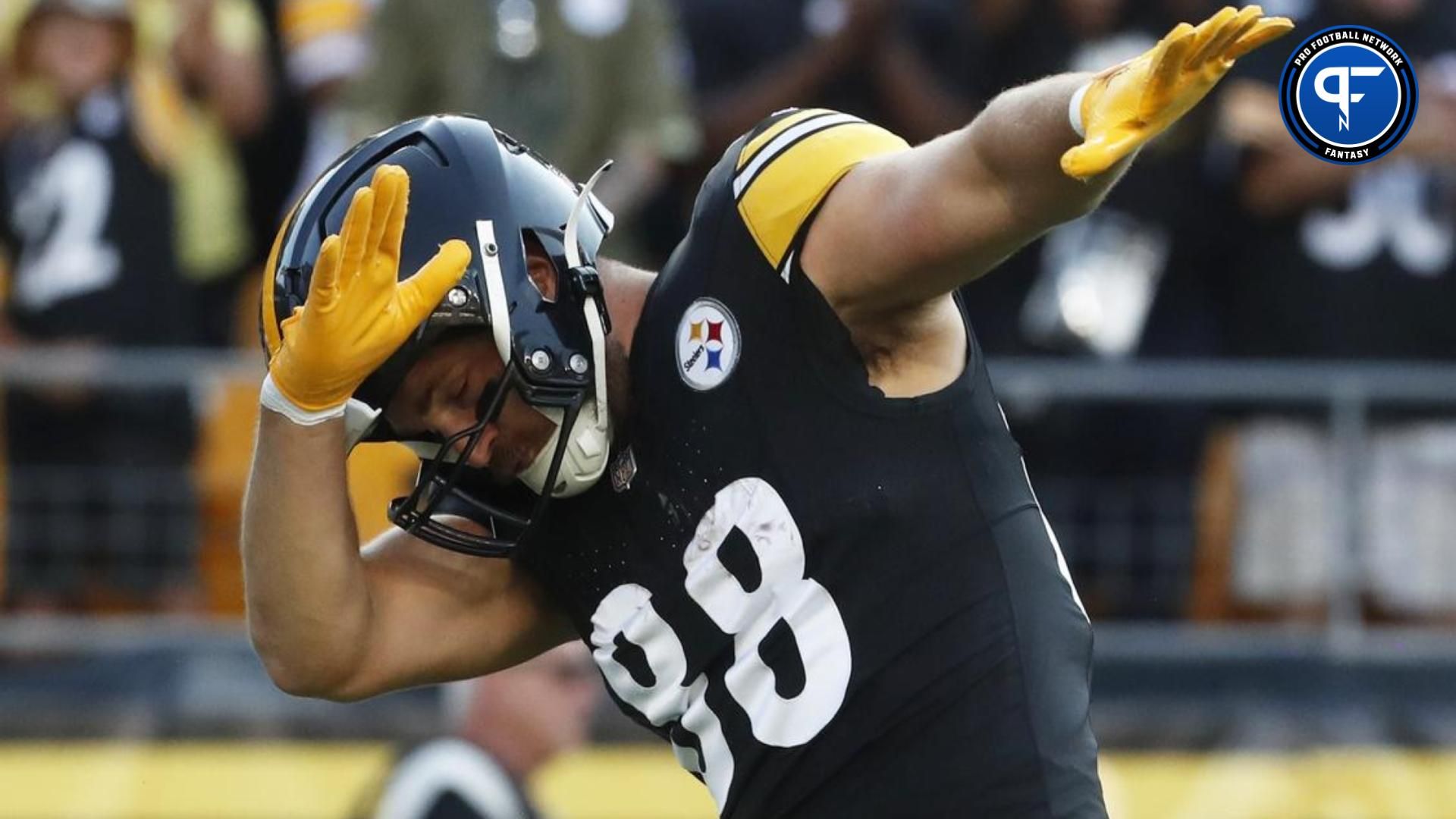 Pittsburgh Steelers tight end Pat Freiermuth (88) celebrates his twenty-five yard touchdown reception against the Buffalo Bills during the first quarter at Acrisure Stadium.