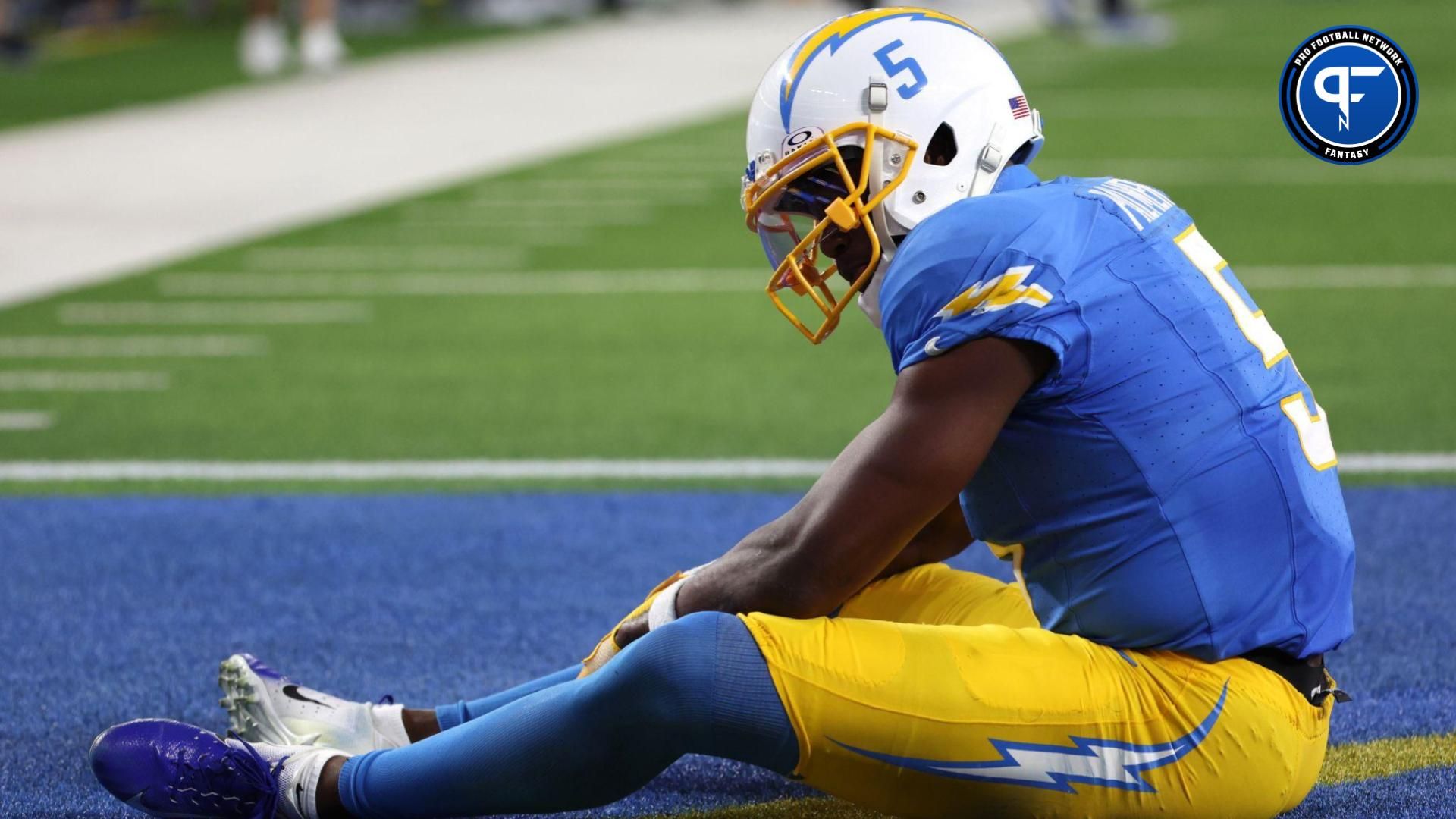 Los Angeles Chargers wide receiver Joshua Palmer (5) reacts after dropping a pass in the end zone during the third quarter against the Dallas Cowboys at SoFi Stadium.