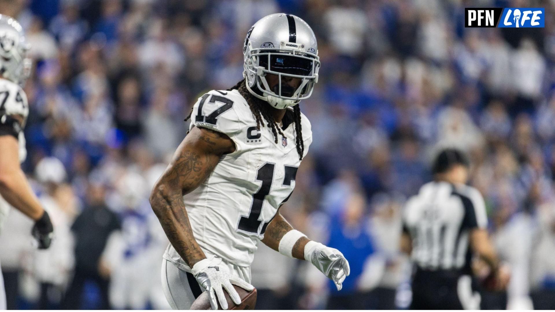 Dec 31, 2023; Indianapolis, Indiana, USA; Las Vegas Raiders wide receiver Davante Adams (17) celebrates his touchdown in the second half against the Indianapolis Colts at Lucas Oil Stadium. Mandatory Credit: Trevor Ruszkowski-USA TODAY Sports