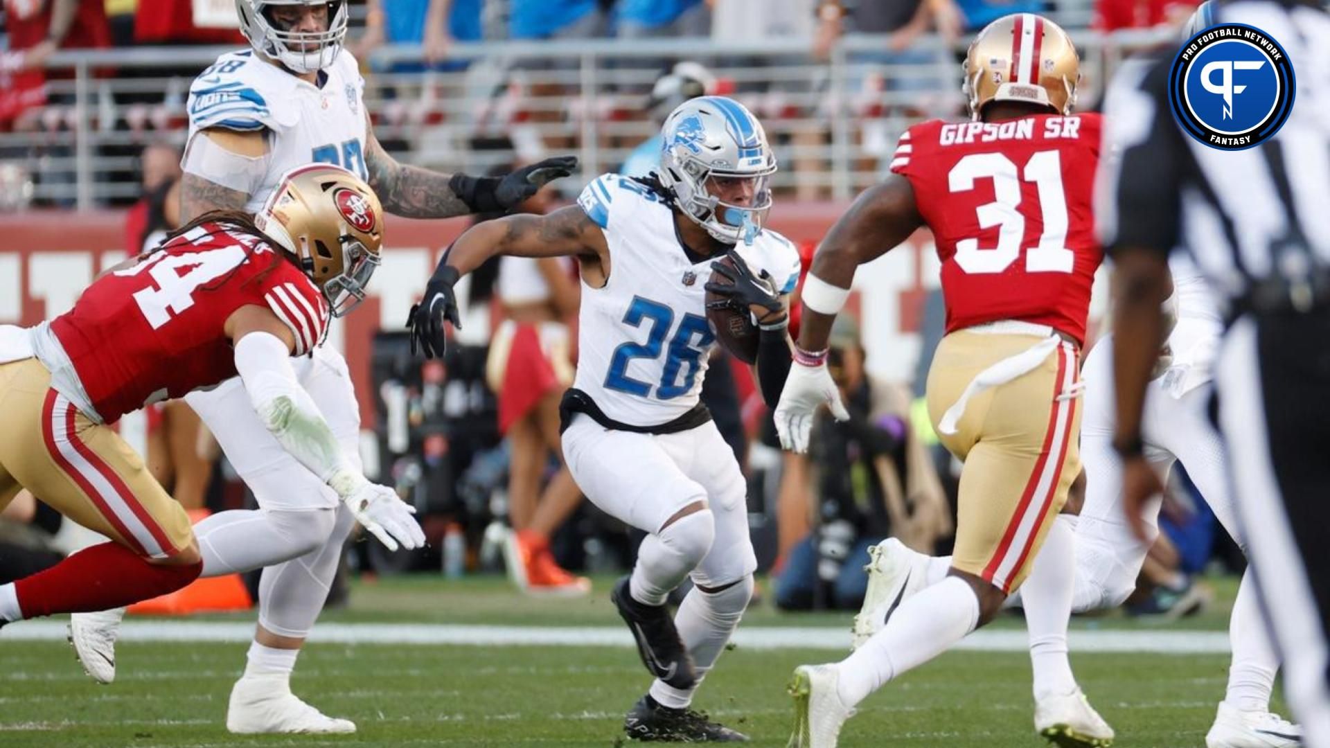 Lions running back Jahmyr Gibbs runs the ball in the first quarter of the NFC championship game at Levi's Stadium in Santa Clara, California, on Sunday, Jan. 28, 2024.