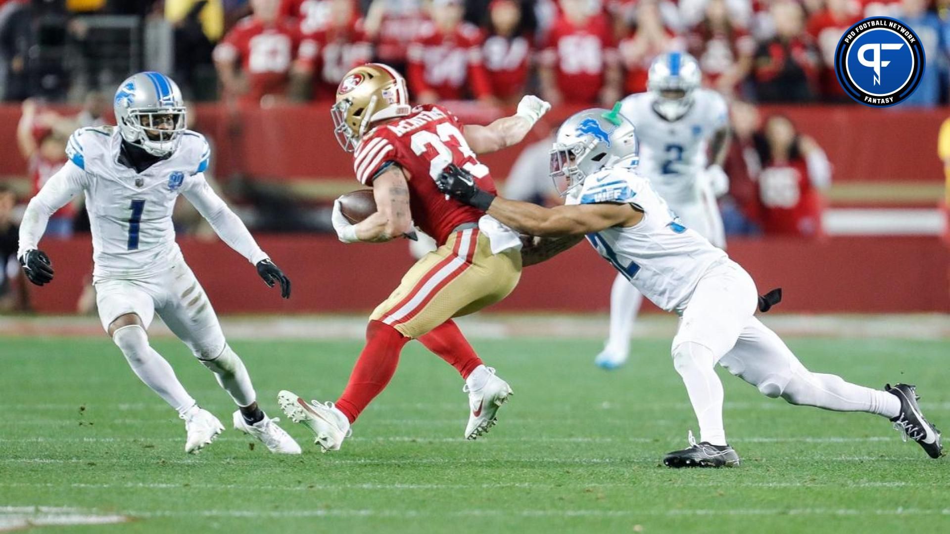 Lions safety Brian Branch tackles 49ers running back Christian McCaffrey during the second half of the Lions' 34-31 loss in the NFC championship game in Santa Clara, California, on Sunday, Jan. 28, 2024.