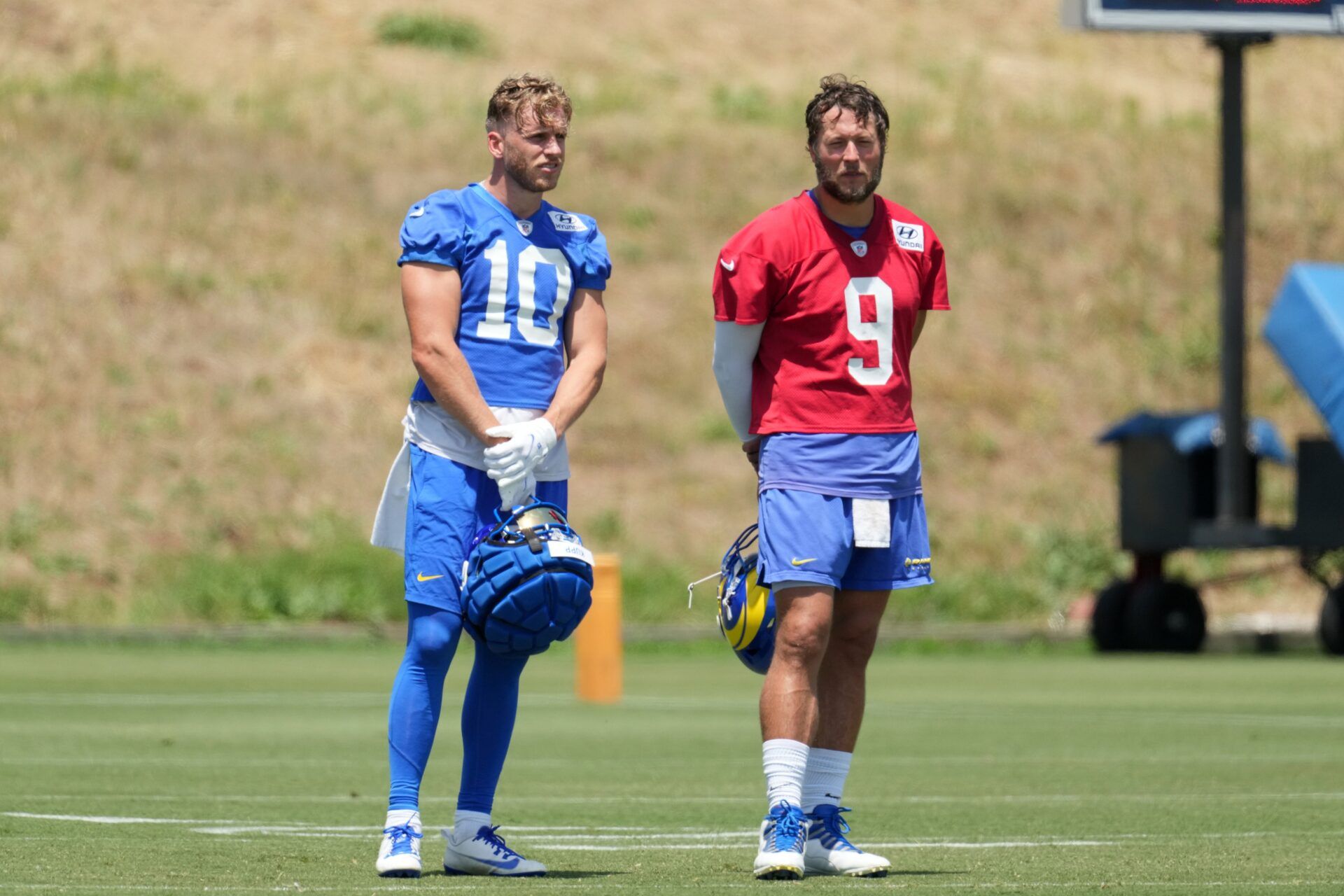 Los Angeles Rams wide receiver Cooper Kupp (10) and quarterback Matthew Stafford (9) during organized team activities at Cal Lutheran University. Mandatory Credit: Kirby Lee-USA TODAY Sports