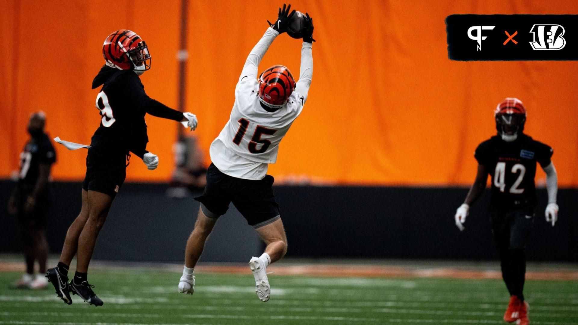 Cincinnati Bengals WR Charlie Jones (15) makes a catch during practice.