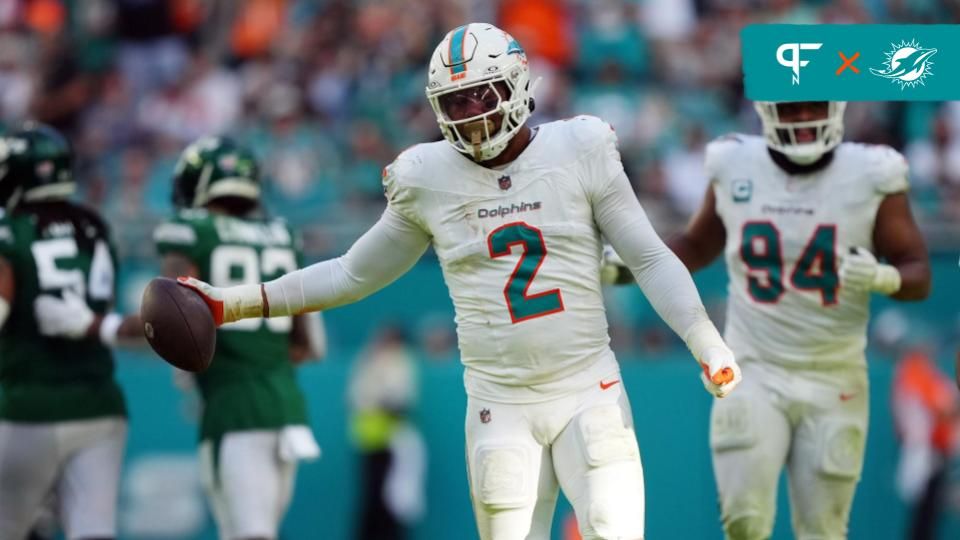 Miami Dolphins linebacker Bradley Chubb (2) celebrates after recovering a fumble during the second half against the New York Jets at Hard Rock Stadium. Mandatory Credit: Jasen Vinlove-USA TODAY Sports