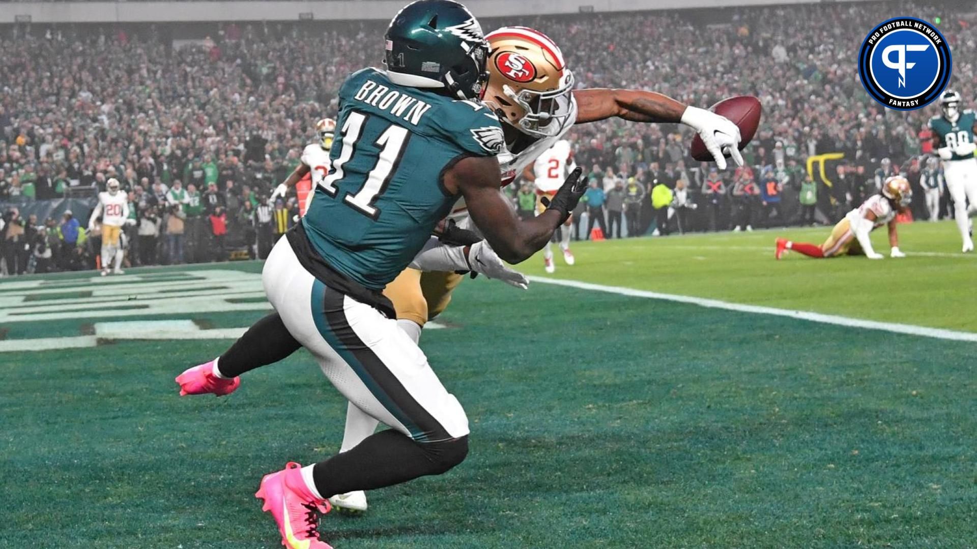 San Francisco 49ers cornerback Charvarius Ward (7) breaks up pass intended fro Philadelphia Eagles wide receiver A.J. Brown (11) during first quarter at Lincoln Financial Field. Where does Brown land in our recent ppr redraft mock draft?