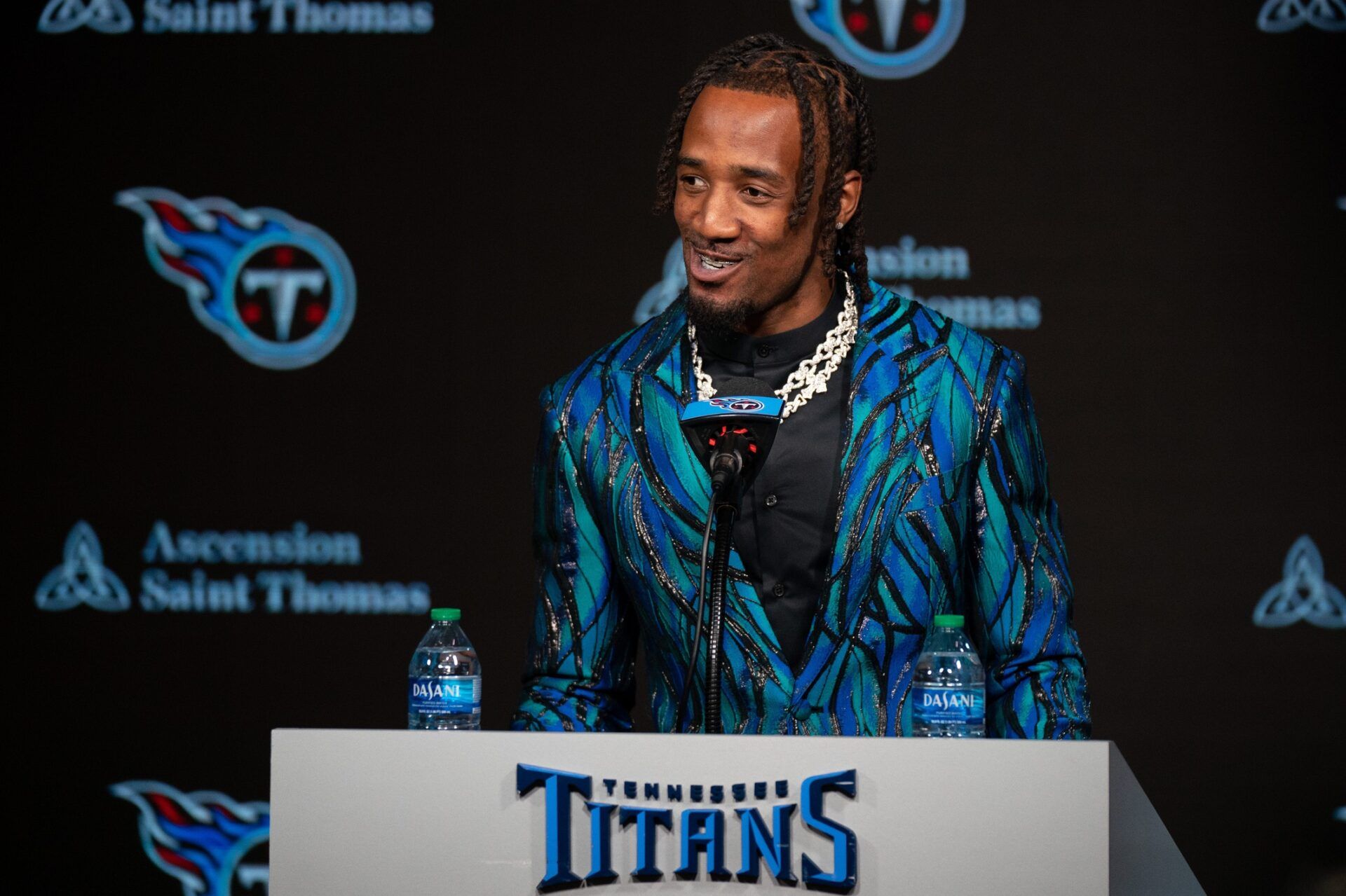 Newly acquired cornerback for the Tennessee Titans L'Jarius Sneed fields questions at his press conference at Ascension Saint Thomas Sports Park Tuesday morning, April 2, 2024.