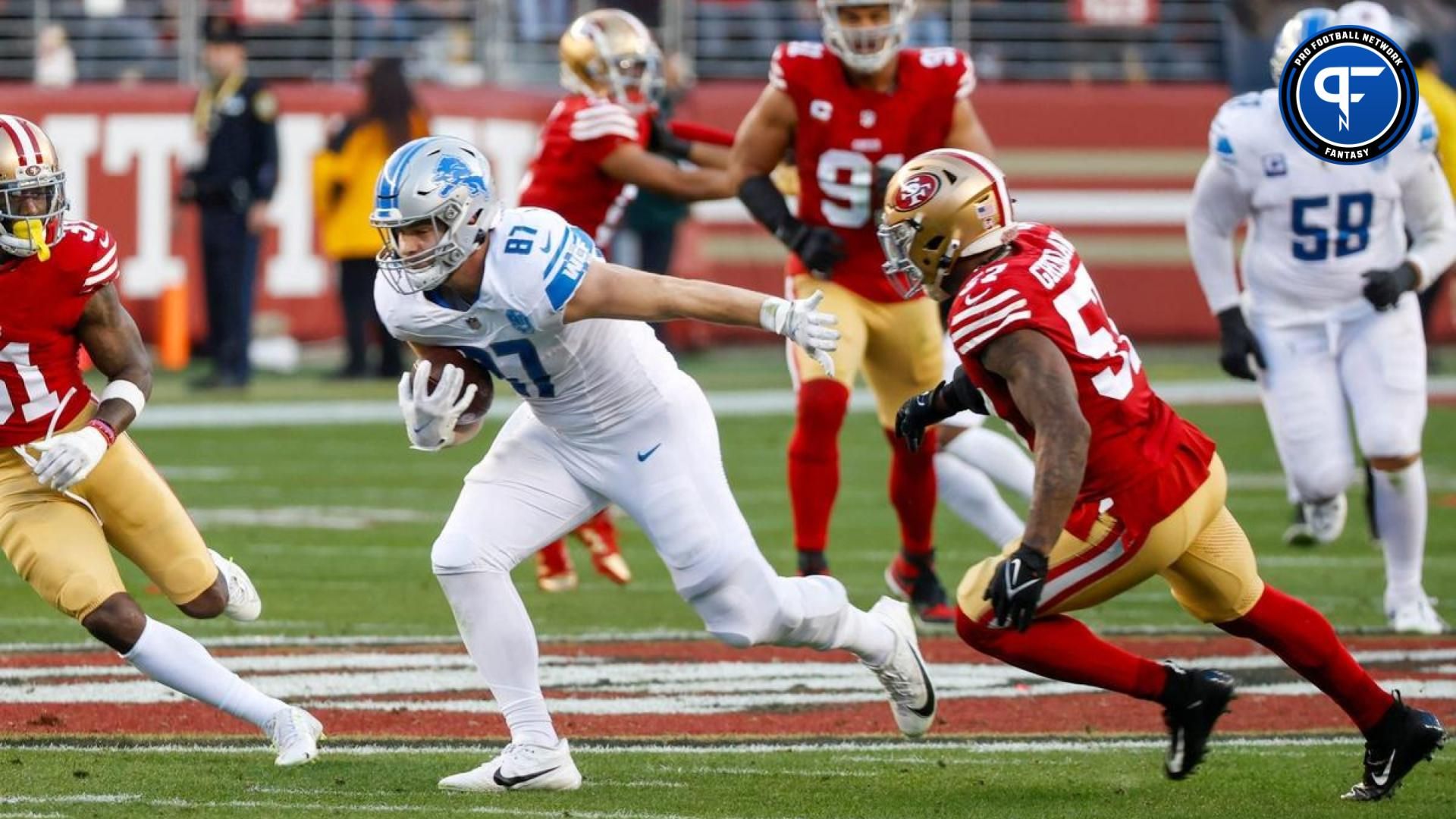 Lions tight end Sam LaPorta runs the ball around 49ers linebacker Dre Greenlaw in the second quarter of the NFC championship game at Levi's Stadium in Santa Clara, California, on Sunday, Jan. 28, 2024.