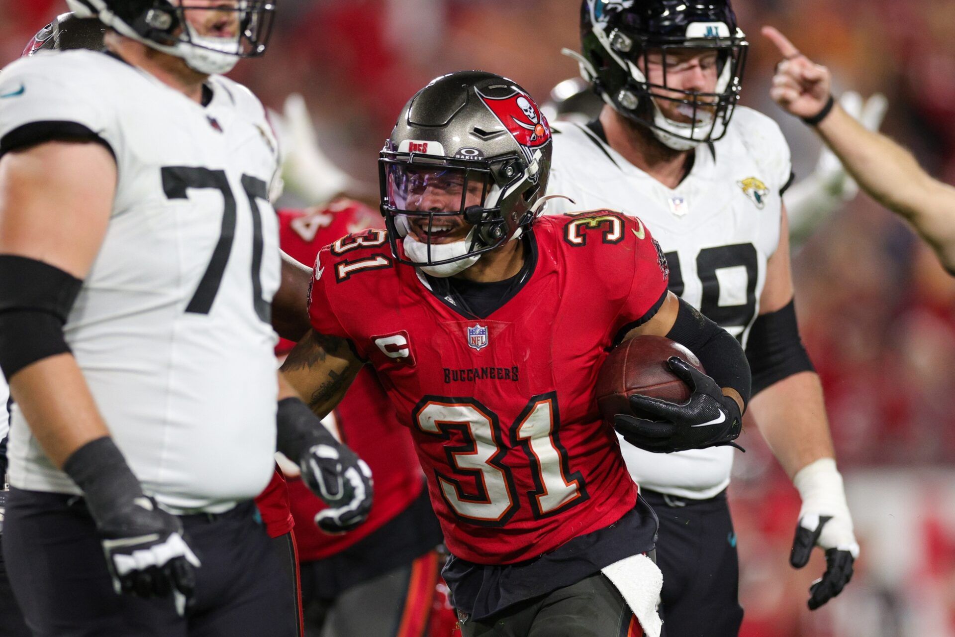 Tampa Bay Buccaneers safety Antoine Winfield Jr. (31) reacts after recovering a fumble against the Jacksonville Jaguars in the fourth quarter at Raymond James Stadium. Mandatory Credit: Nathan Ray Seebeck-USA TODAY Sports