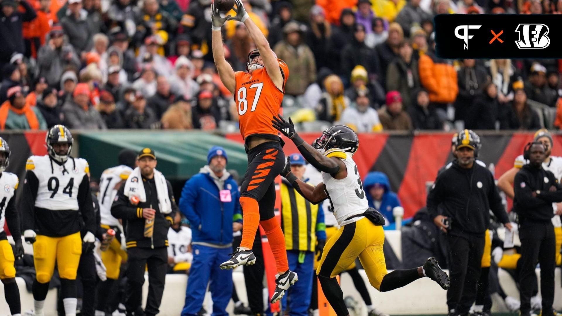 Cincinnati Bengals tight end Tanner Hudson (87) makes a leaping catch in the fourth quarter of the NFL Week 12 game between the Cincinnati Bengals and the Pittsburgh Steelers at Paycor Stadium in Cincinnati on Sunday, Nov. 26, 2023. The Steelers took a 16-10 win over the Bengals in Cincinnati.