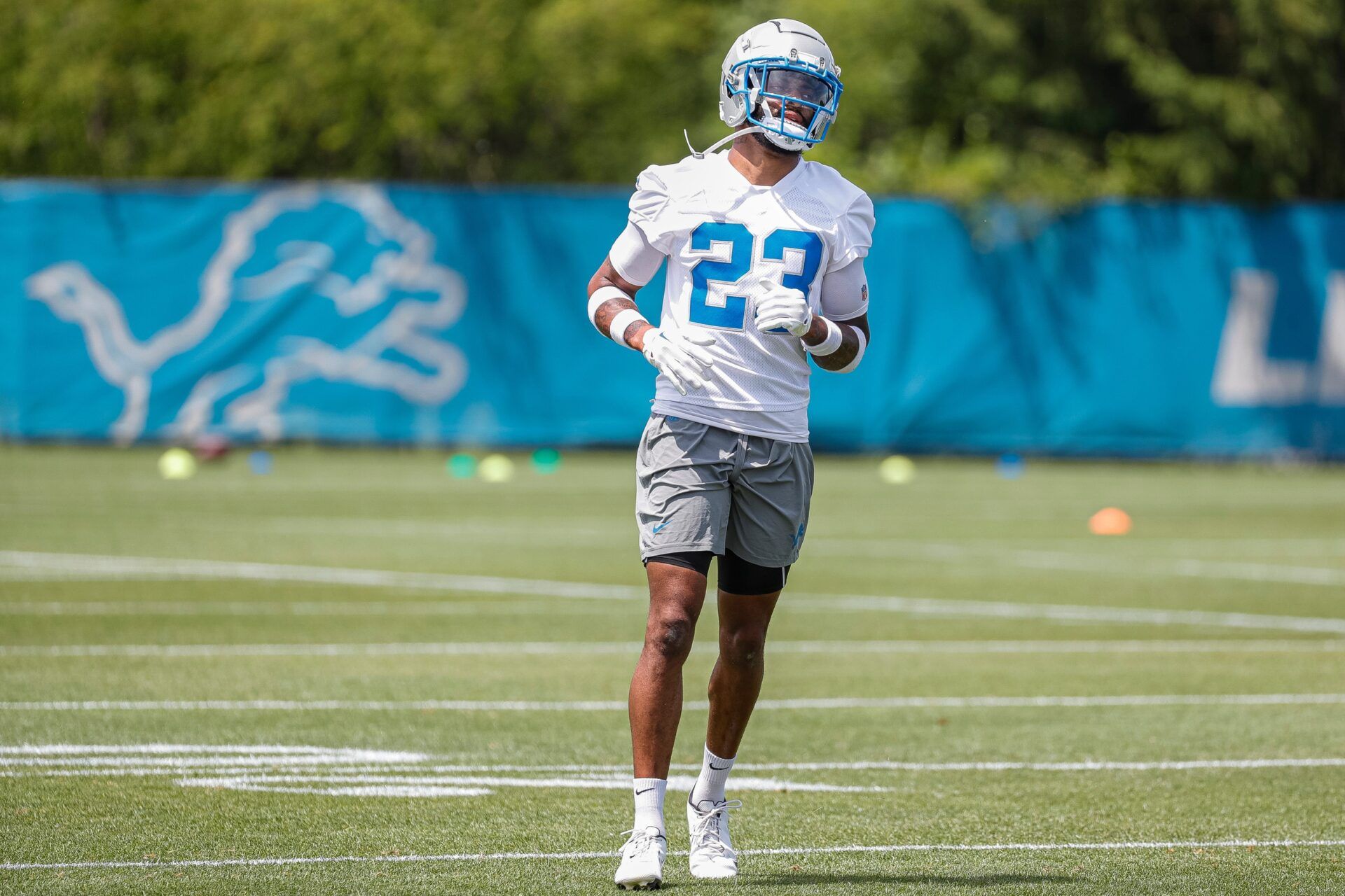 Detroit Lions cornerback Carlton Davis III (23) practices during mini camp at Detroit Lions headquarters and practice facility in Allen Park on Tuesday, June 4, 2024.