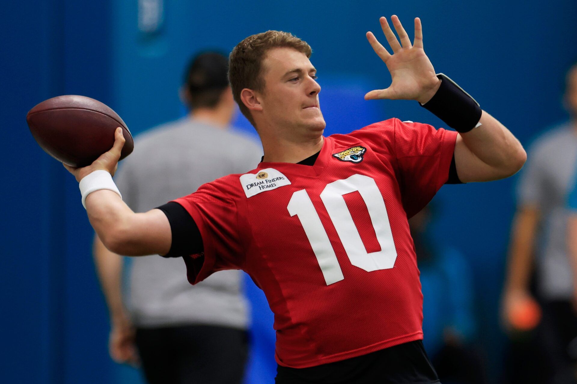 Jacksonville Jaguars quarterback Mac Jones (10) throws the ball during the second day of a mandatory minicamp Tuesday, June 11, 2024 at EverBank Stadium’s Miller Electric Center in Jacksonville, Fla. [Corey Perrine/Florida Times-Union]