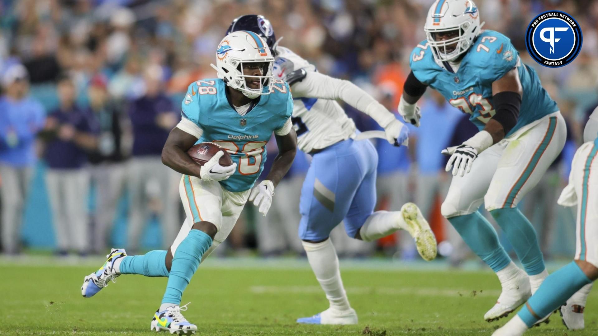 Miami Dolphins RB De'Von Achane (28) could be a fantasy football bust in 2024.