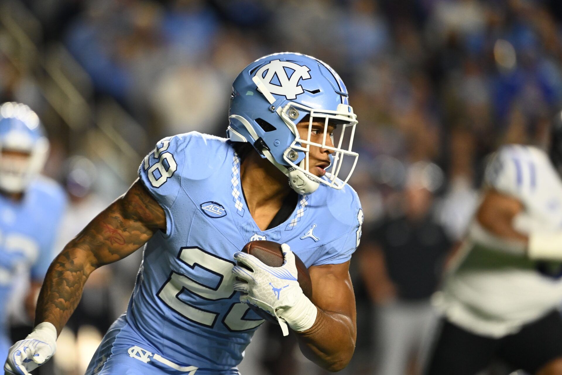 North Carolina RB Omarion Hampton (28) is one of the top 2025 NFL Draft prospects out of the ACC.