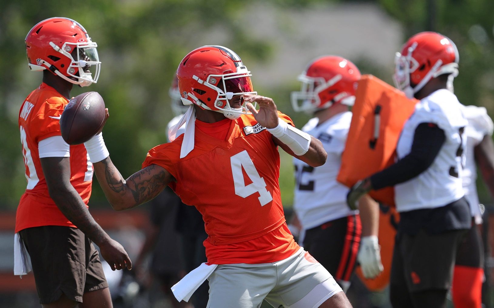 Cleveland Browns quarterback Deshaun Watson throws during minicamp, Tuesday, June 11, 2024, in Berea.