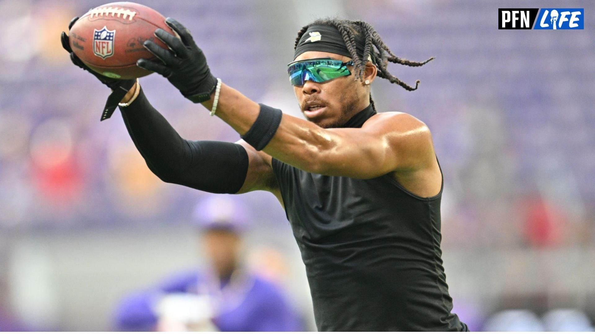 Aug 19, 2023; Minneapolis, Minnesota, USA; Minnesota Vikings wide receiver Justin Jefferson (18) warms up before the game against the Tennessee Titans at U.S. Bank Stadium. Mandatory Credit: Jeffrey Becker-USA TODAY Sports