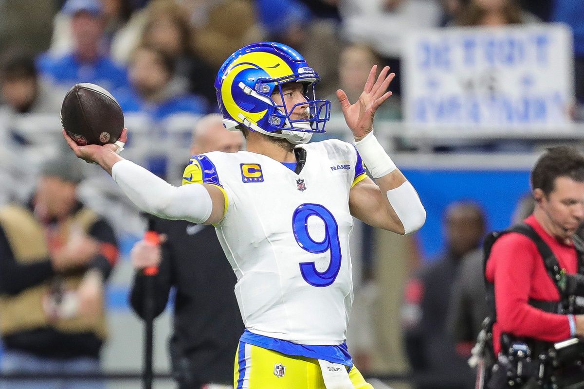 Rams quarterback Matthew Stafford during warmups before the NFC wild-card game at Ford Field on Sunday, Jan, 14, 2024. Stafford is one of the older players on Pro Football Network's NFL Top 100 list entering the 2024 NFL season.