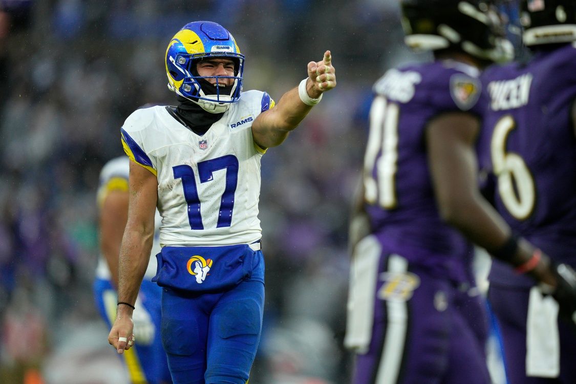 Los Angeles Rams wide receiver Puka Nacua (17) celebrates his catch against the Baltimore Ravens during the fourth quarter at M&T Bank Stadium. Was Nacua the highest-rated secone-year player on Pro Football Network's NFL Top 100 list for 2024? Mandatory Credit: Jessica Rapfogel-USA TODAY Sports