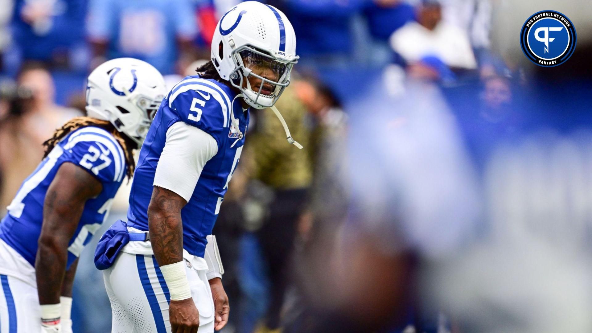 Indianapolis Colts quarterback Anthony Richardson (5) looks at a receiver during warm ups before the game against the Tennessee Titans at Lucas Oil Stadium.