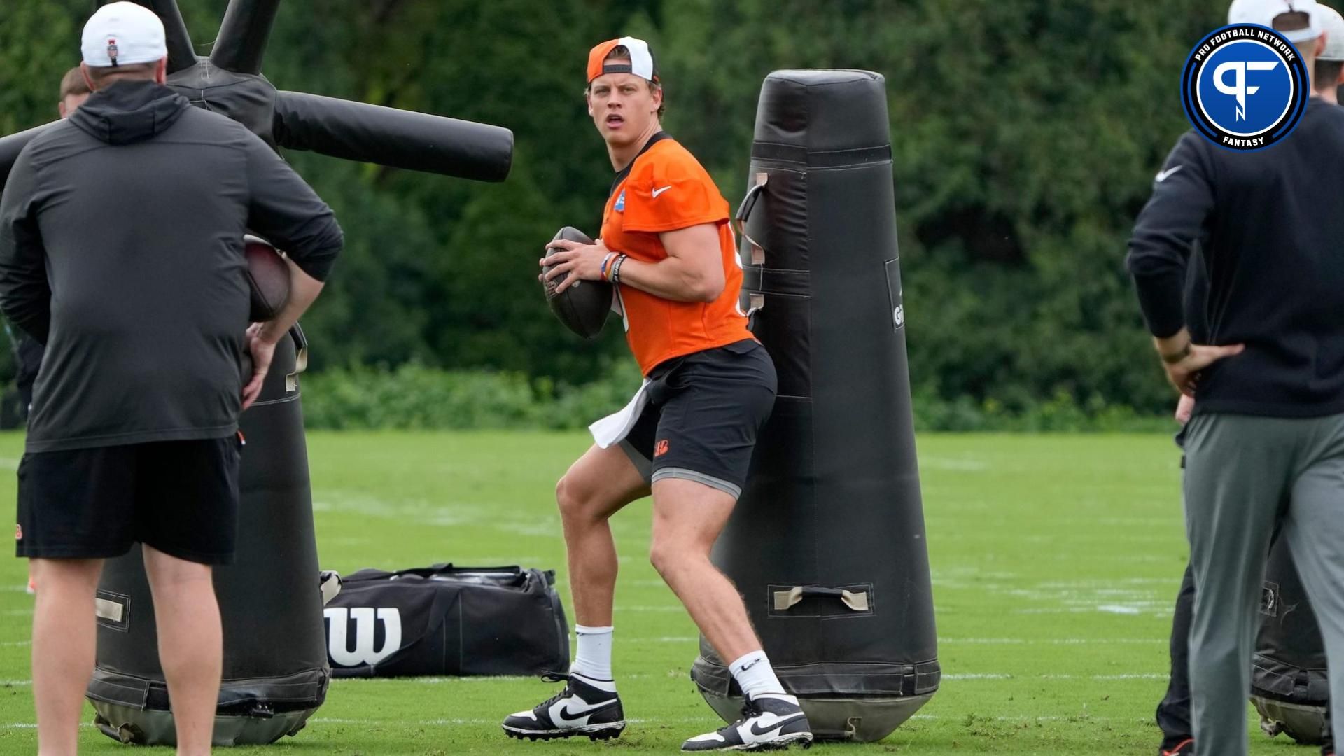 Cincinnati Bengals quarterback Joe Burrow practices during an offseason workout at the practice fields outside of Paycor Stadium Tuesday, May 7, 2024. Burrow is recovering from wrist surgery after a season-ending injury he suffered in a Week 11.