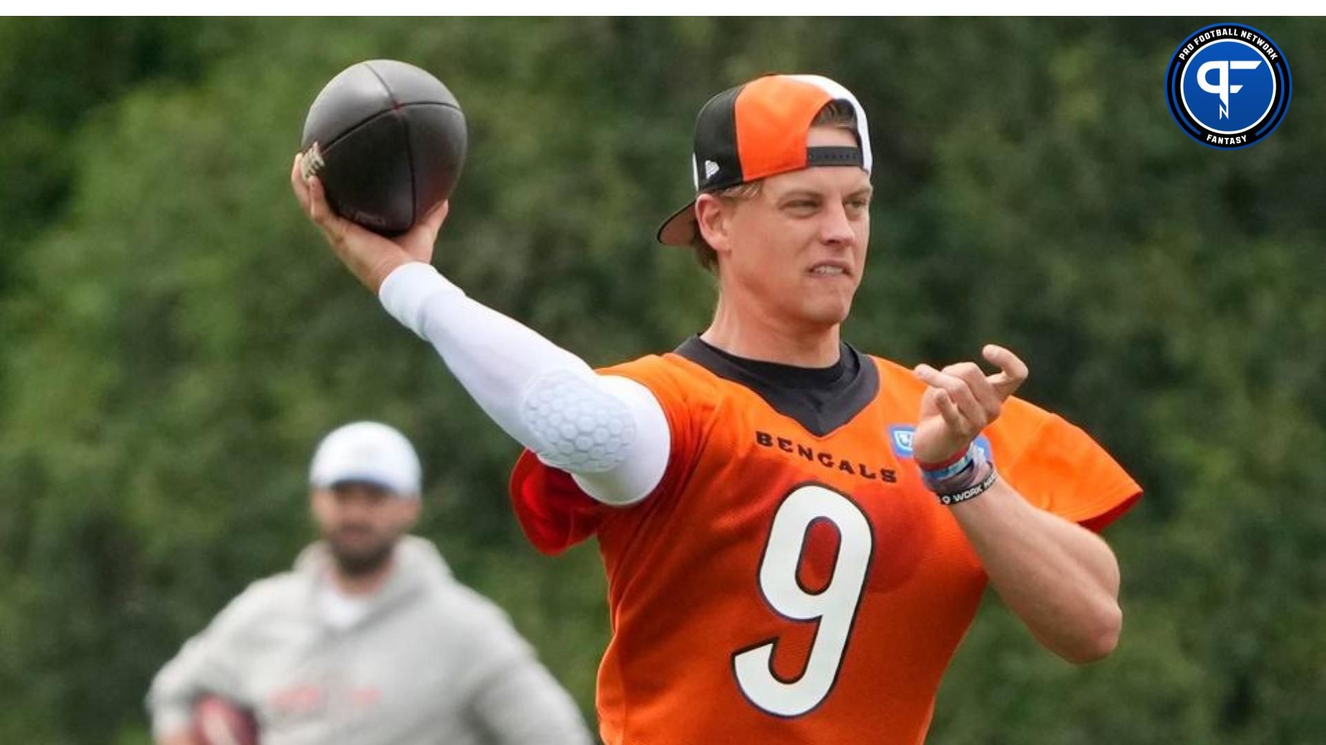 Cincinnati Bengals quarterback Joe Burrow returned to the practice field during an off-season workout at the practice fields outside of Paycor Stadium Tuesday, May 7, 2024. Burrow is recovering from wrist surgery after a season-ending injury he suffered in a Week 11. Here are some Joe Burrow fantasy football team names for the 2024 season.