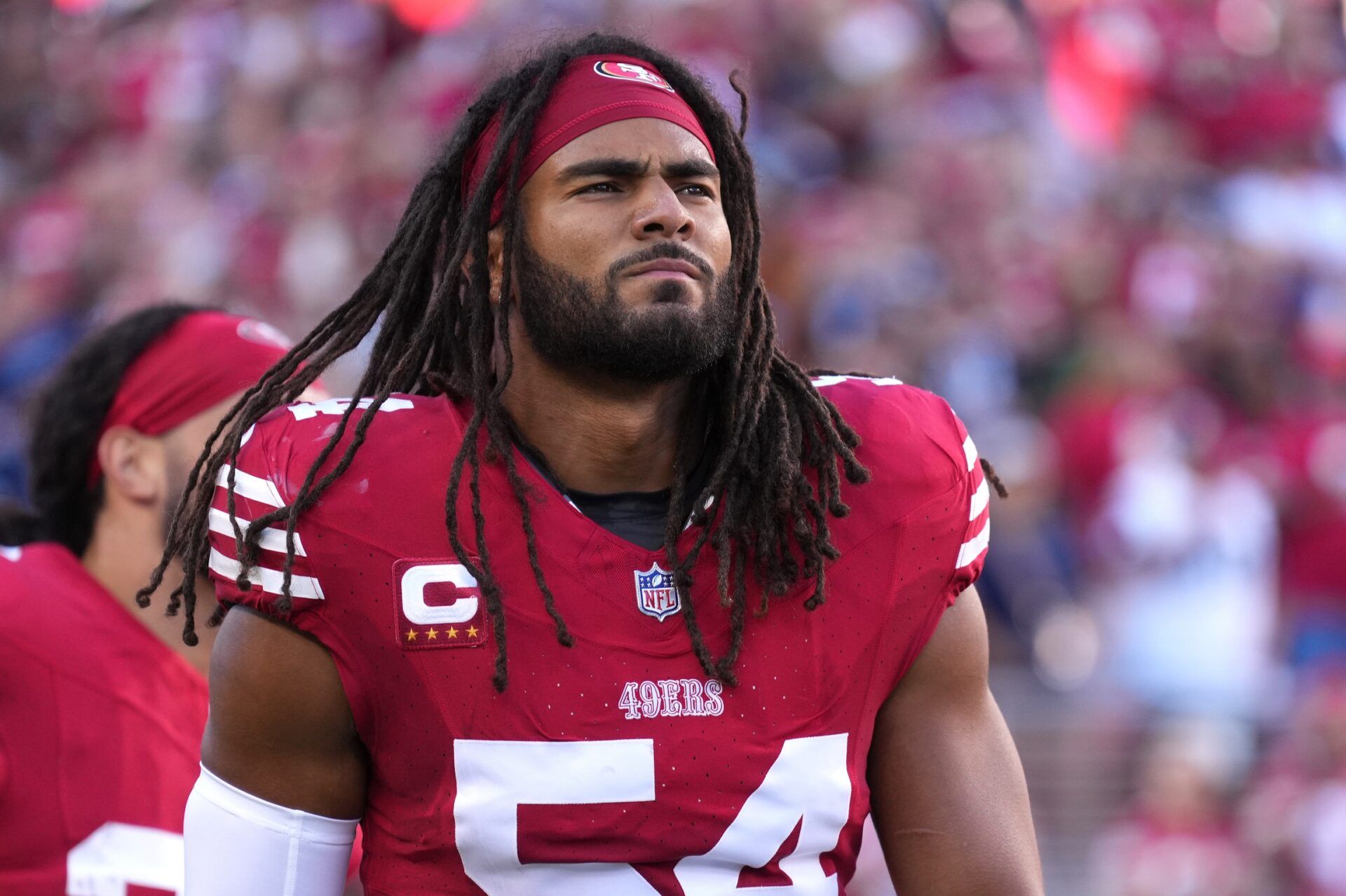 San Francisco 49ers linebacker Fred Warner (54) before the game against the Dallas Cowboys at Levi's Stadium. Mandatory Credit: Darren Yamashita-USA TODAY Sports