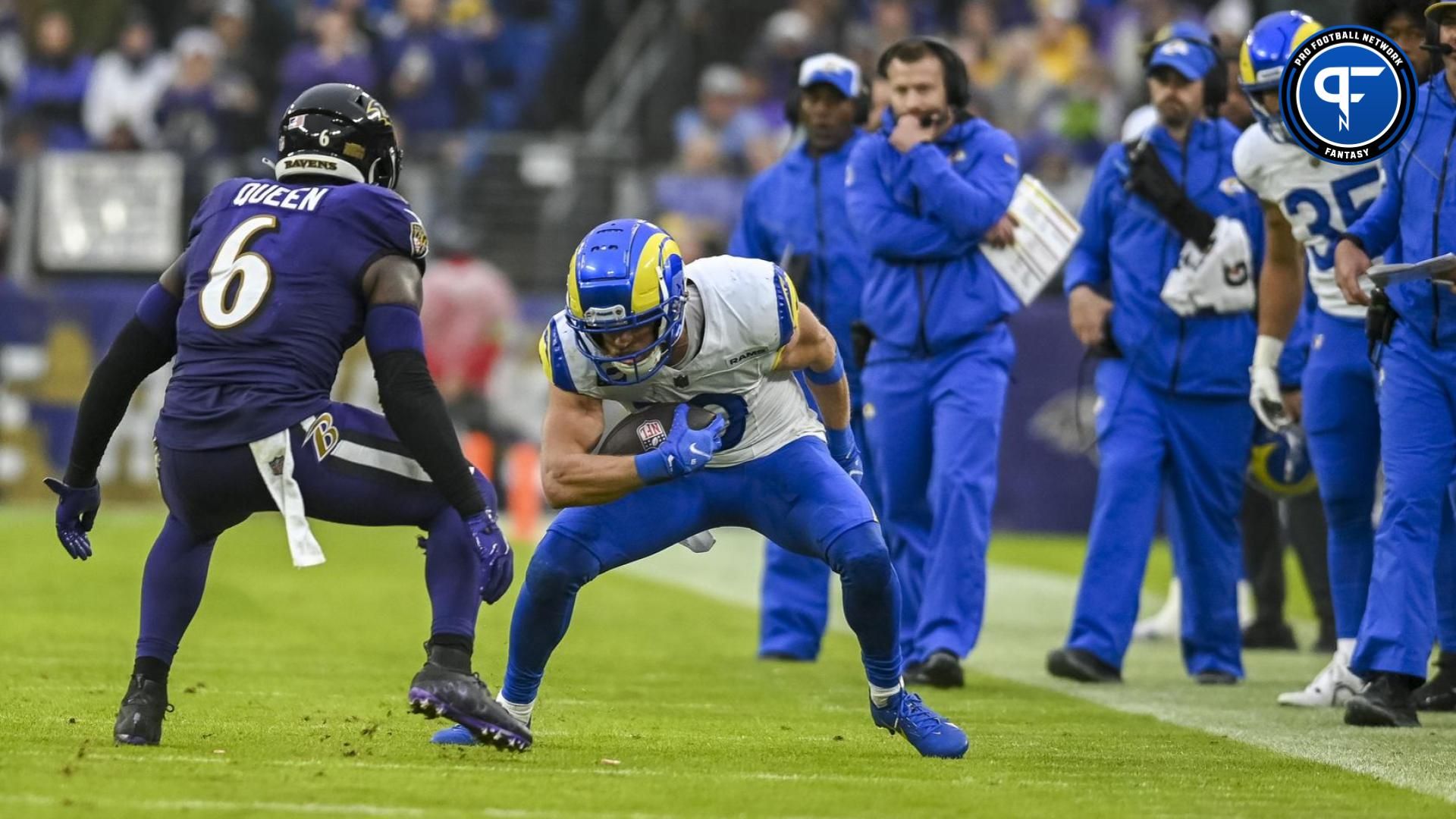 Los Angeles Rams wide receiver Cooper Kupp (10) cuts in front of Baltimore Ravens linebacker Patrick Queen (6) after a first half catch during the at M&T Bank Stadium. Where does he land in our fantasy rankings?