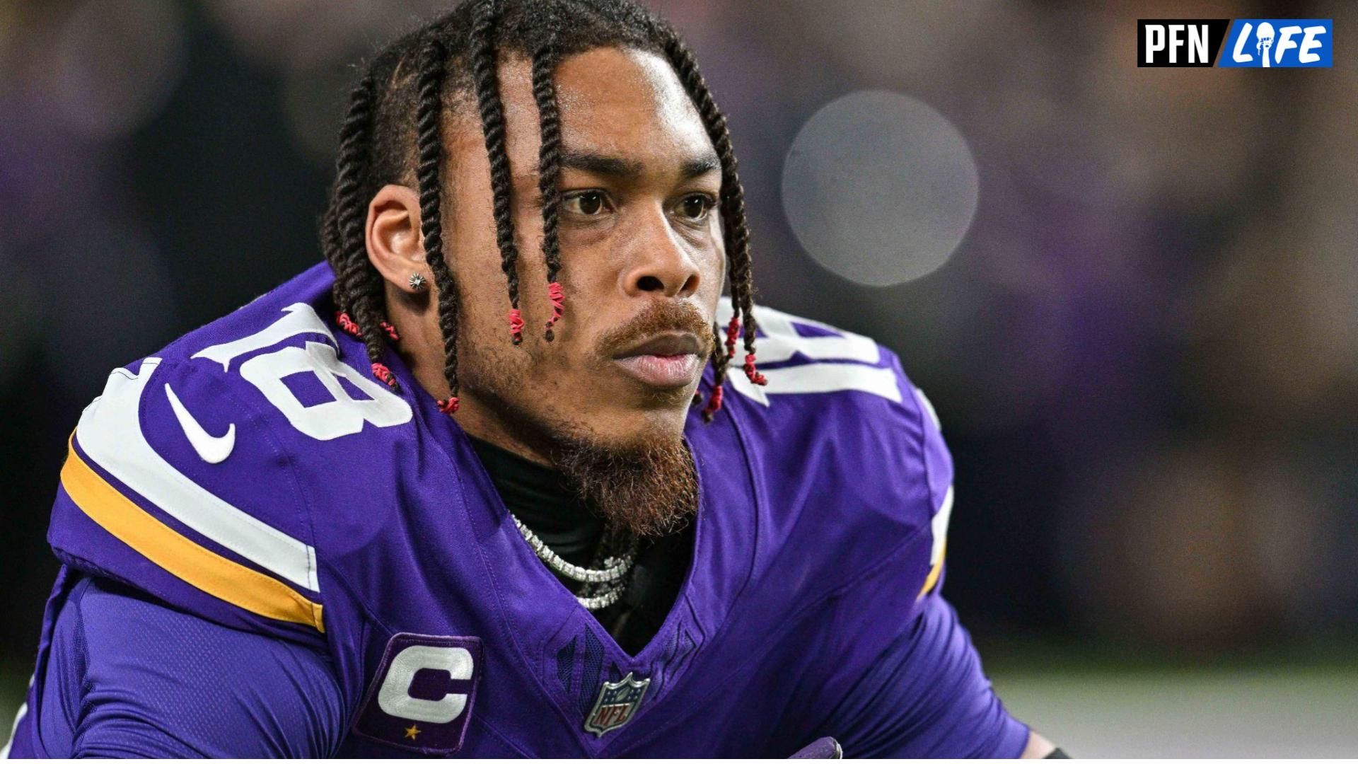 Dec 31, 2023; Minneapolis, Minnesota, USA; Minnesota Vikings wide receiver Justin Jefferson (18) warms up before the game against the Green Bay Packers at U.S. Bank Stadium. Mandatory Credit: Jeffrey Becker-USA TODAY Sports