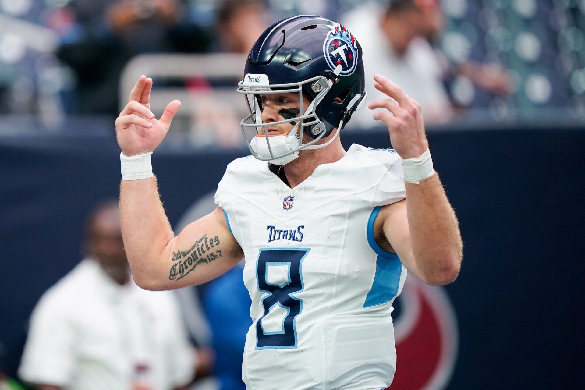 Tennessee Titans quarterback Will Levis (8) warms up before a game against the Houston Texans at NRG Stadium in Houston, Texas., Sunday, Dec. 31, 2023.