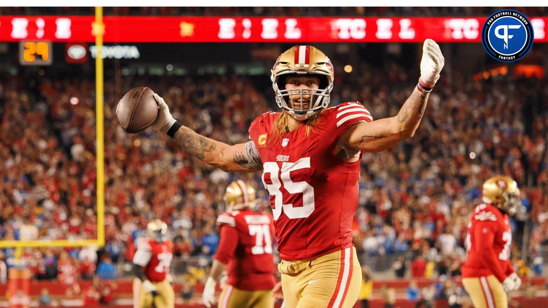 San Francisco 49ers tight end George Kittle (85) reacts after a play against the Detroit Lions during the second half of the NFC Championship football game at Levi's Stadium.