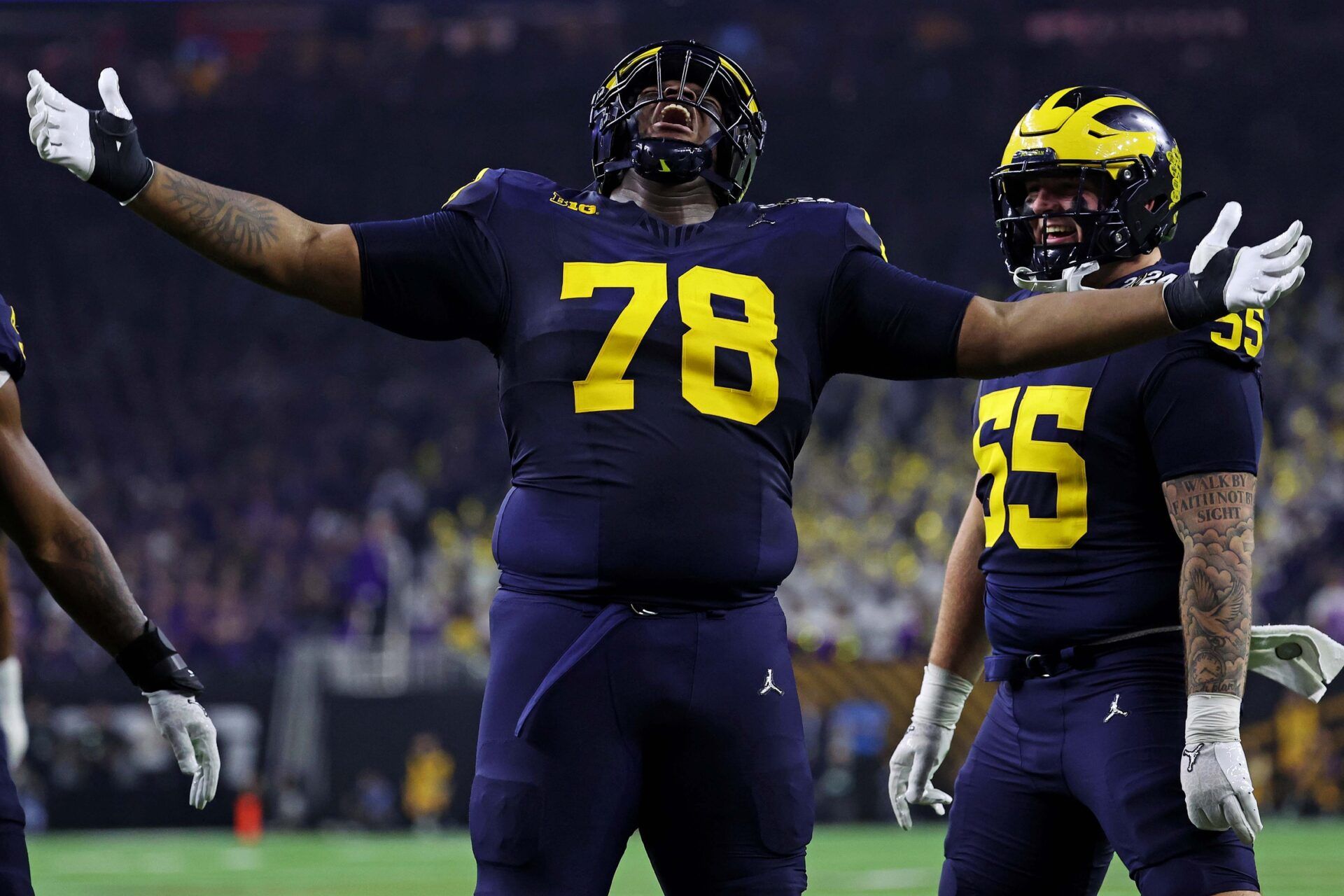 Michigan Wolverines defensive lineman Kenneth Grant (78) celebrates after a sack during the second quarter against the Washington Huskies in the 2024 College Football Playoff national championship game at NRG Stadium. Grant lands in Los Angeles in our latest Rams mock draft. Mandatory Credit: Troy Taormina-USA TODAY Sports