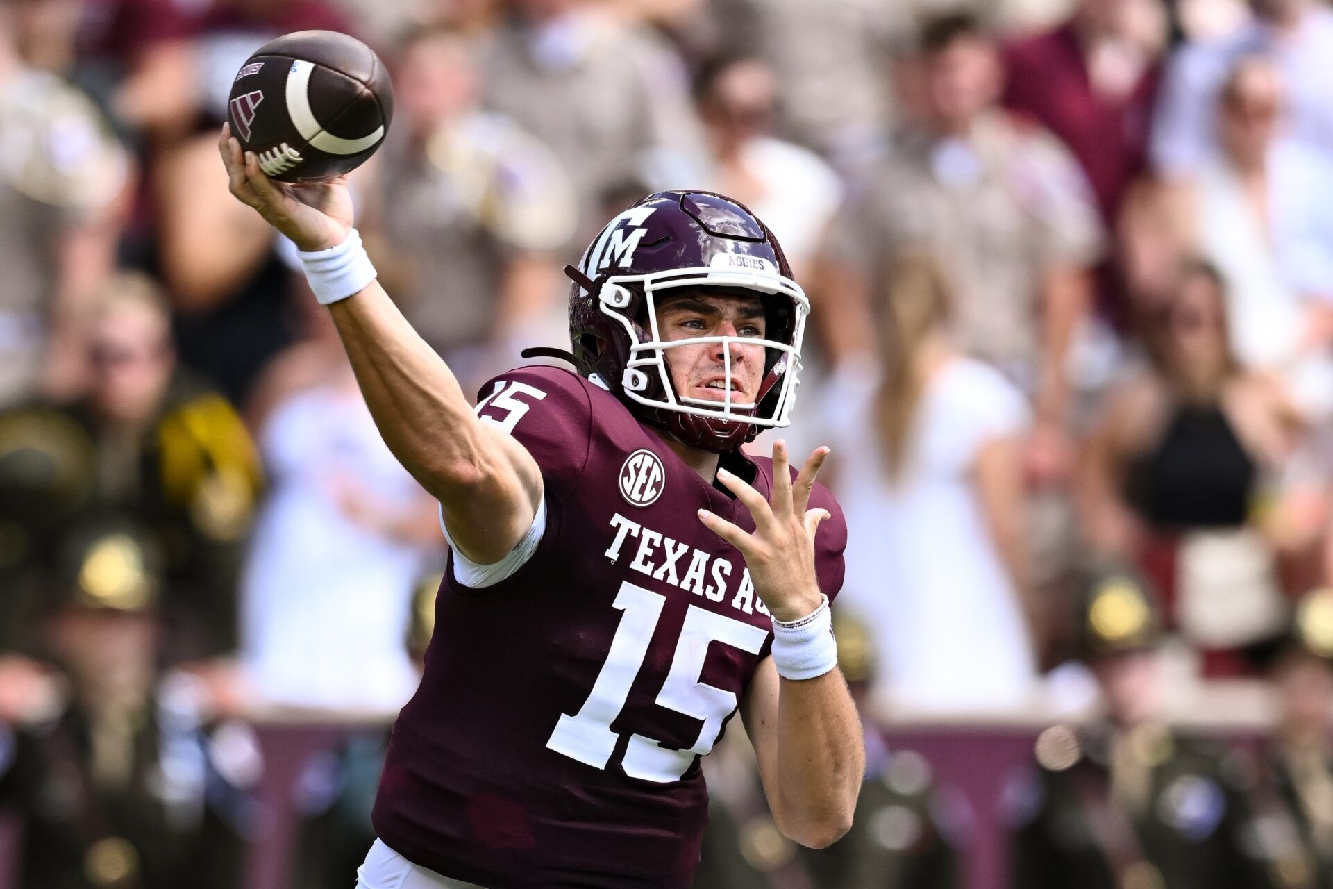 Texas A&M Aggies quarterback Conner Weigman (15) throws the ball during the second quarter against the Auburn Tigers at Kyle Field. Weigman lands in Seattle in our latest Seahawks mock draft. Mandatory Credit: Maria Lysaker-USA TODAY Sports