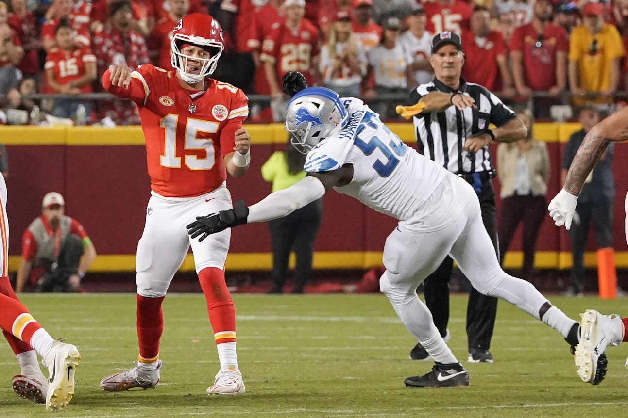 Kansas City Chiefs quarterback Patrick Mahomes (15) throws a pass as Detroit Lions defensive end Charles Harris (53) pressures during the game at GEHA Field at Arrowhead Stadium. Harris remains a free agent and could help one of Mahomes' AFC West rivals. Mandatory Credit: Denny Medley-USA TODAY Sports