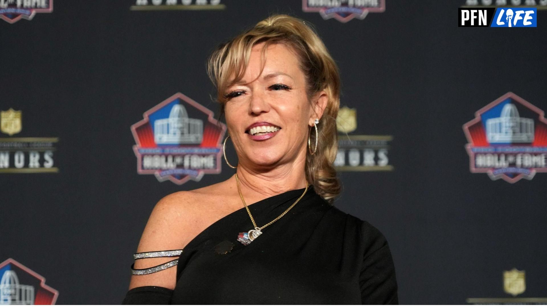 Misty McMichael, the wife of Steve McMichael, during the Pro Football Hall of Fame Class of 2024 press conference at the Resorts World Theatre. Mandatory Credit: Kirby Lee-USA TODAY Sports