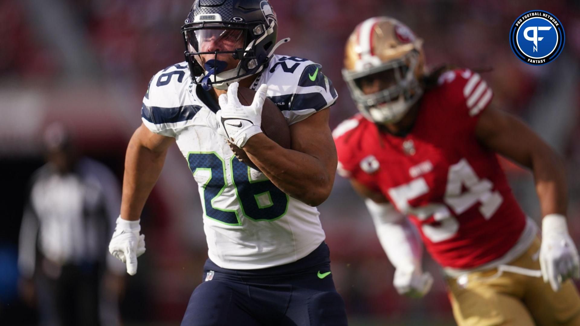 Seattle Seahawks RB Zach Charbonnet (26) runs the ball against the San Francisco 49ers.