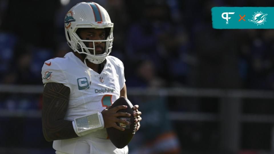 Miami Dolphins quarterback Tua Tagovailoa (1) on the field before the game against the Baltimore Ravens at M&T Bank Stadium.