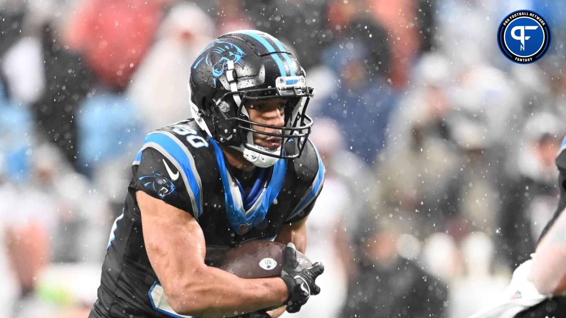 Carolina Panthers RB Chuba Hubbard (30) runs the ball against the Atlanta Falcons.