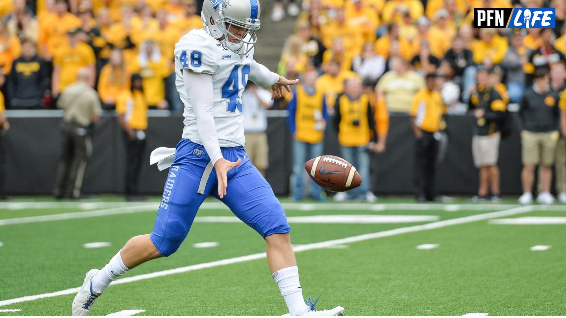 Middle Tennessee Blue Raiders punter Kyle Ulbrich (48) in action against the Iowa Hawkeyes at Kinnick Stadium.