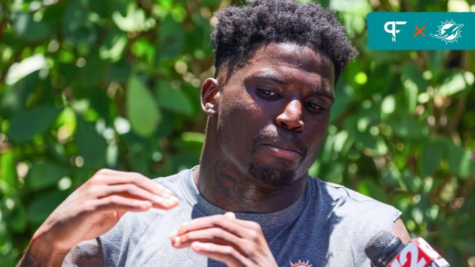 Miami Dolphins wide receiver Tyreek Hill (10) speaks to reporters during mandatory minicamp at Baptist Health Training Complex.