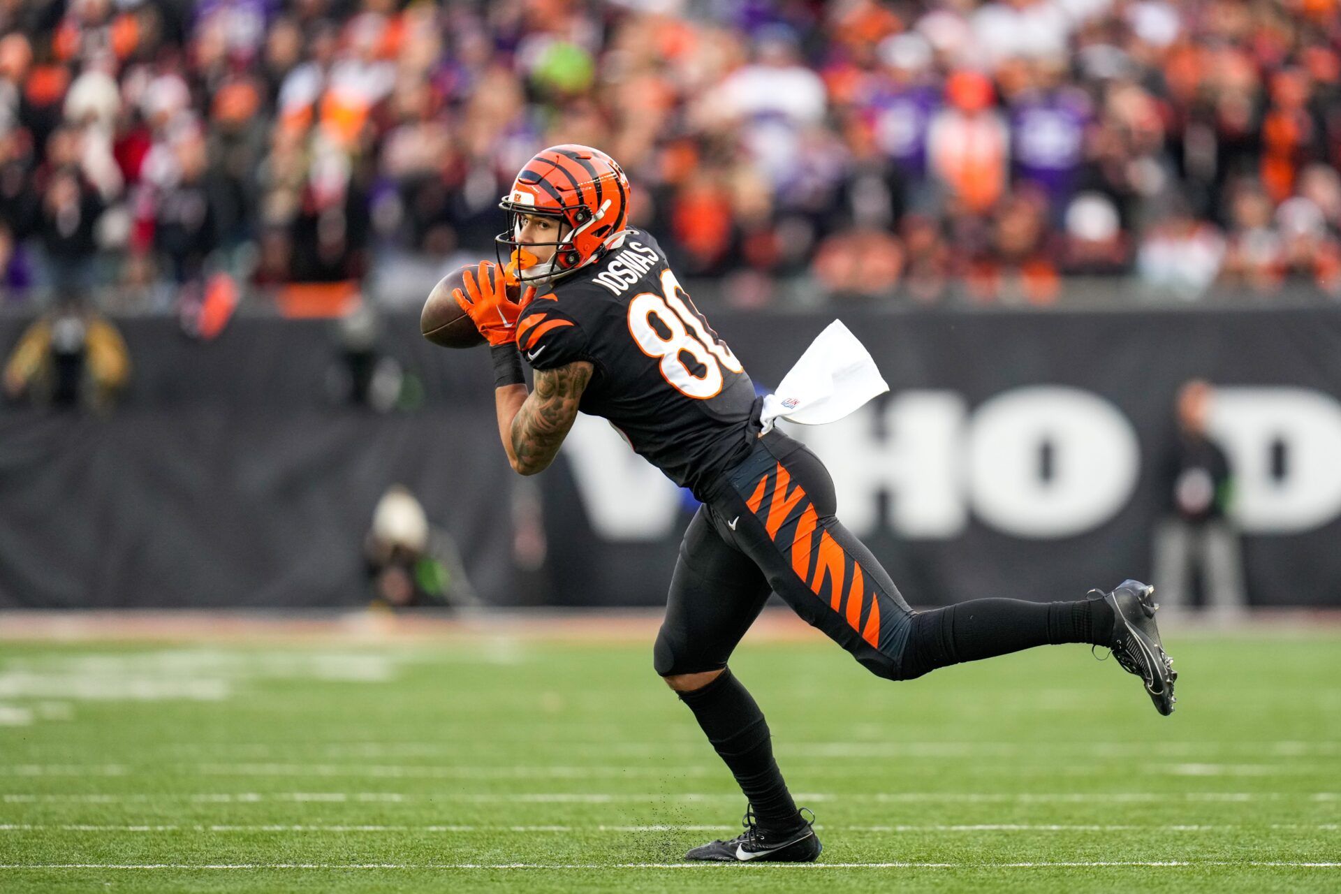 Cincinnati Bengals wide receiver Andrei Iosivas (80) catches a pass in the fourth quarter of the NFL Week 15 game between the Cincinnati Bengals and the Minnesota Vikings at PayCor Stadium in downtown Cincinnati on Saturday, Dec. 16, 2023. The Bengals won on an overtime field goal.